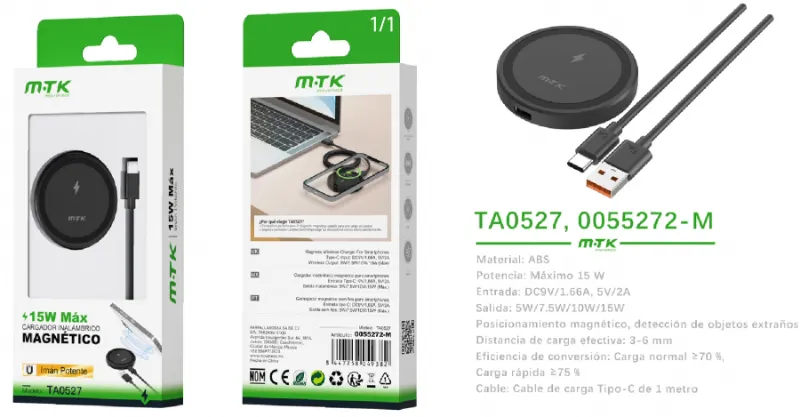 CARGA INALÁMBRICA MAGNÉTICA TA0527 15W ABS+PC-NEGRO