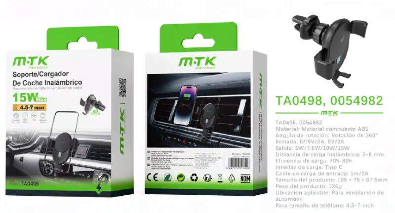 NEGRO | CARGADOR INALÁMBRICO PARA COCHE TA0498-1 15W TYPE-C ABS - NEGRO