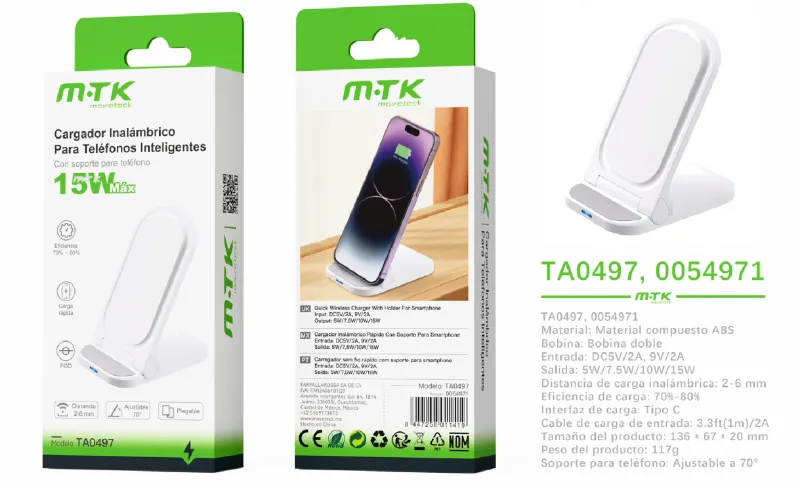 BLANCO | CARGADOR INALÁMBRICO TA0497 CON SOPORTE 15W TYPE-C ABS - BLANCO
