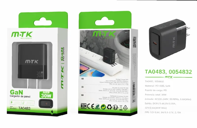 NEGRO | CARGADOR DE PARED US PD30W GAN TA0483 12V2.5A, SIN CABLE - NEGRO