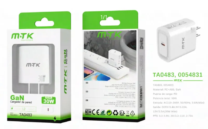 BLANCO | CARGADOR DE PARED US PD30W GAN TA0483 12V2.5A, SIN CABLE - BLANCO