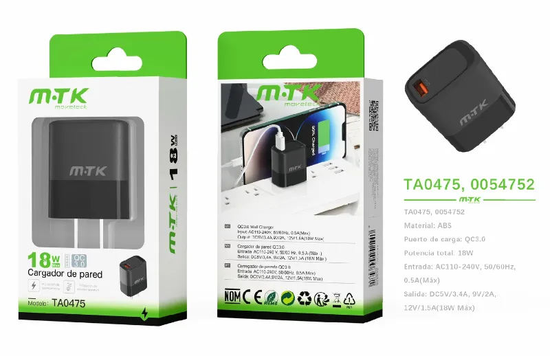 NEGRO | CARGADOR QC18W PARA EE.UU. TA0475 12V 1.5A SIN CABLE - NEGRO