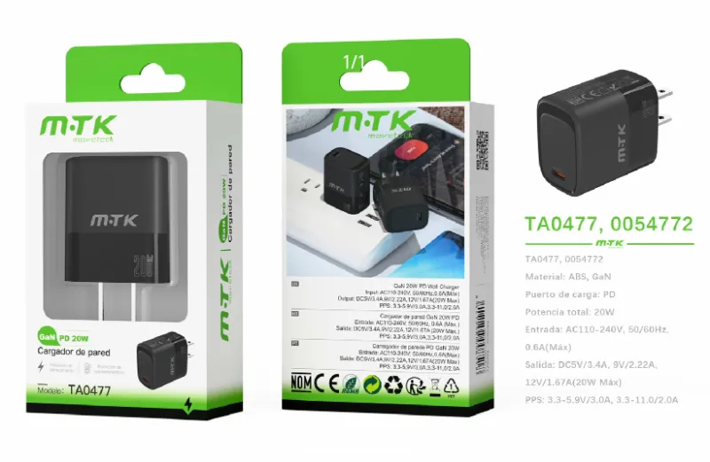 NEGRO | CARGADOR PD20W GAN PARA EE.UU. TA0477 12V1.67A SIN CABLE - NEGRO