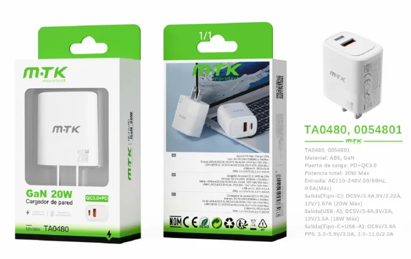 BLANCO | CARGADOR QC18+PD20W GAN PARA EE.UU. TA0480 5V3A SIN CABLE - BLANCO