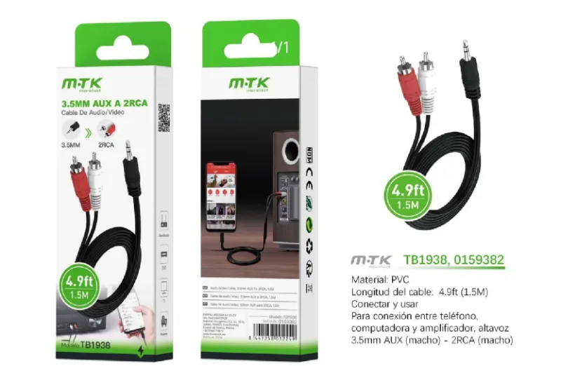 NEGRO | CABLE DE AUDIO TB1938 3.5M A 2RCA 1.5M - NEGRO (B5323-MX)