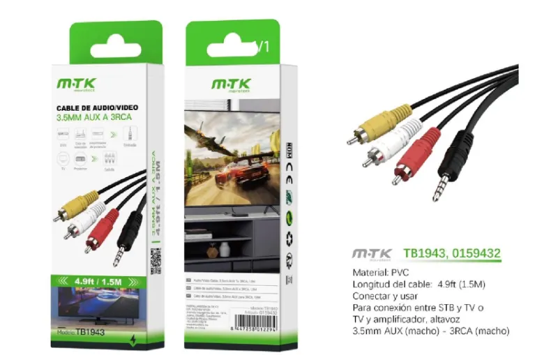 NEGRO | CABLE DE AUDIO TB1943 3.5M A 3RCA 1.5M - NEGRO (B5327-MX)
