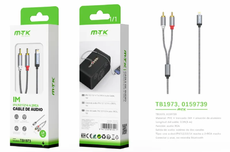 GRIS | CABLE DE AUDIO SIN BLUETOOTH TB1973 LIGHTNING A 2RCA 1M DIGITAL - GRIS (TB1797-MX)