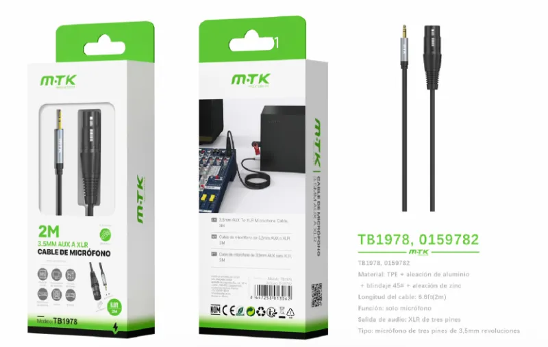 NEGRO | CABLE DE AUDIO TB1978 AUX 3.5MM A XLR (CONECTOR MICRÓFONO) 2M - NEGRO (TB1802-MX)