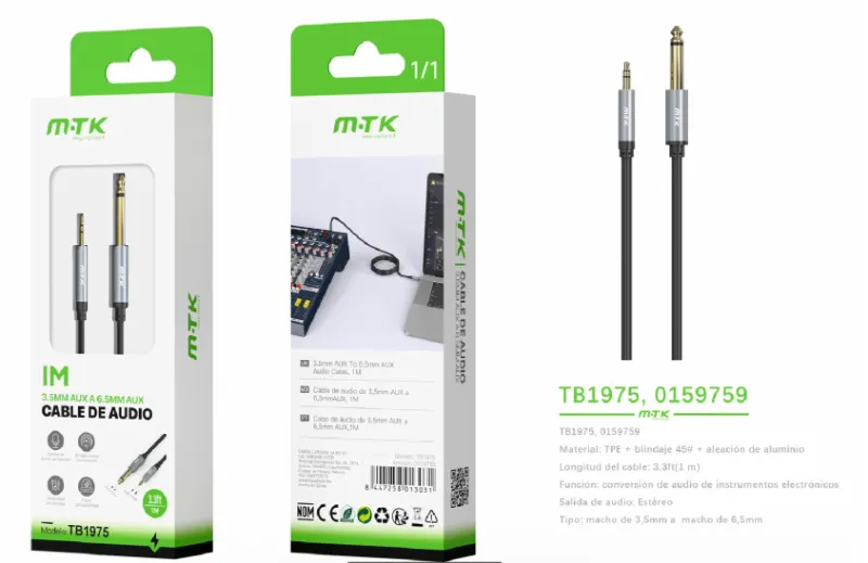GRIS | CABLE DE AUDIO TB1975 AUX 3.5MM A AUX 6.5MM 1M - GRIS (TB1799-MX)