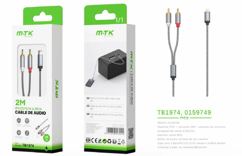 GRIS | CABLE DE AUDIO SIN BLUETOOTH TB1974 LIGHTNING A 2RCA 2M DIGITAL - GRIS (TB1798-MX)