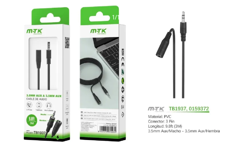 NEGRO | CABLE DE AUDIO TB1937 JACK MACHO A HEMBRA 3M - NEGRO (B5523-MX)