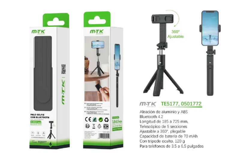 SOPORTE AJUSTABLE PARA TRÍPODE DE SELFIE BLUETOOTH TE5177