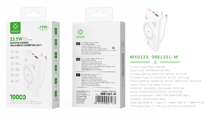 2 EN 1  banco de energia y carga inalámbrica MX0133 10000mAh 22.5W, inalámbrico 15W con 2 cables ABS + PC-blanco 